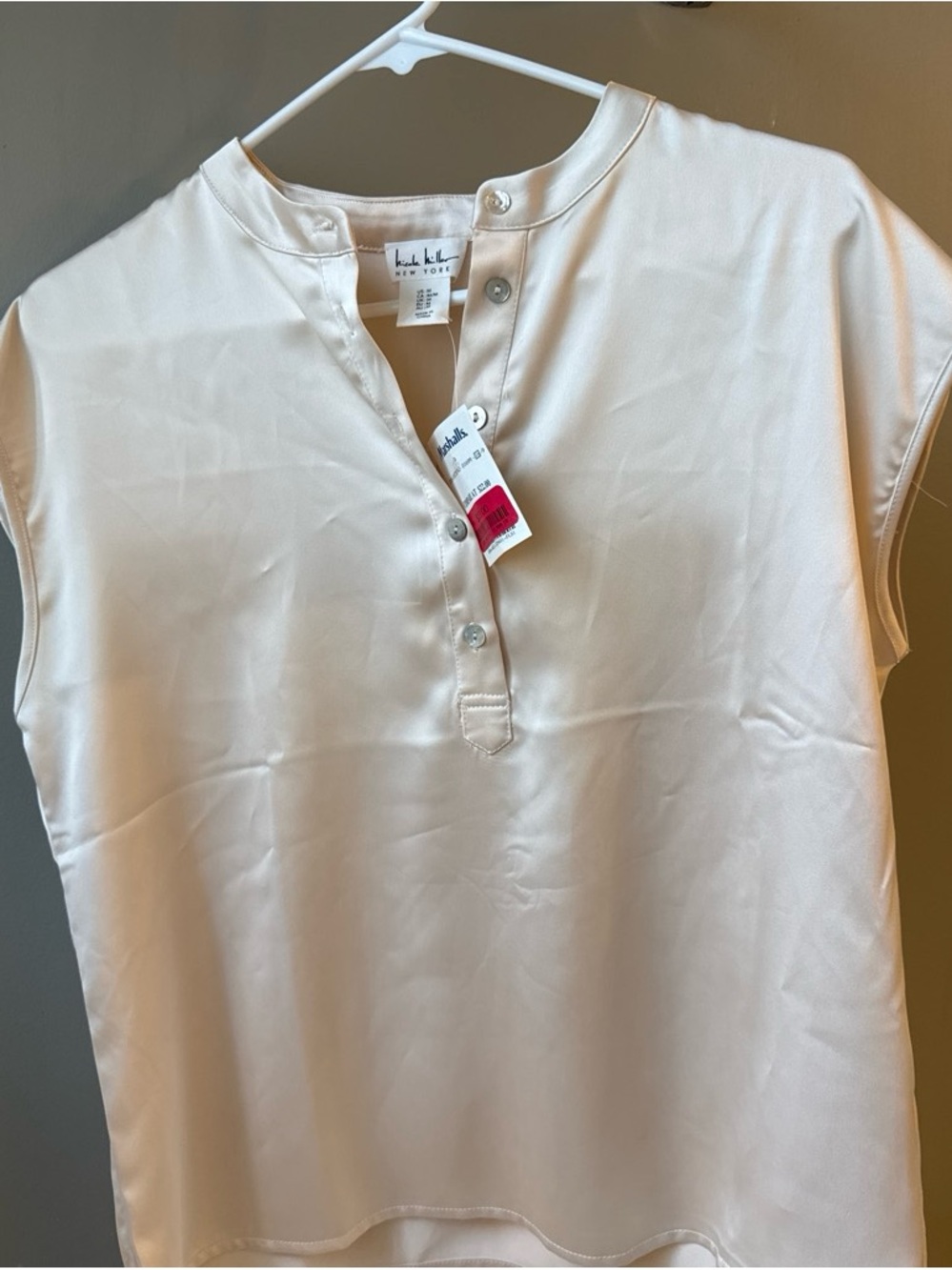 Nicole Miller Cream Satin Henley Shell Top